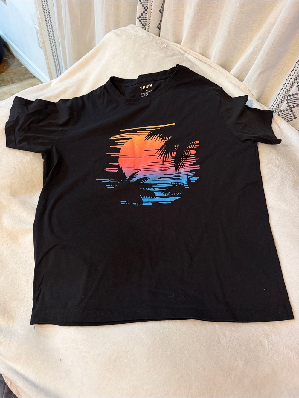 SHEIN Black Short Sleeve Tee with Sunset Palm Graphic